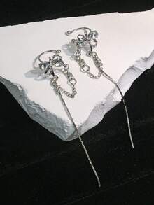 1 Pair Luxury Zirconia Crystal Butterfly & Tassel Ear Cuff Earrings, Romantic Design Elegant Earrings For Versatile Wear - Silver - View 4