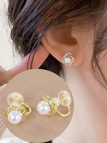 1 Pair Women's Non-Pierced Clip-On Earrings With Double Ear Pads, Mosquito Coil Disc Design, Faux Pearl, Minimalist Elegant Vintage Luxury Lightweight Earrings - Double Ear Pad Version (Item No. 2571) - View 9