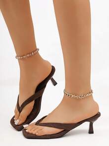 Women's New Summer Elegant Coffee Brown Square Toe Kitten Heel Flip Flop Sandals, Fashion Minimalist Versatile Thong Sandals With Open Toe, Heel Height 1.8-2 Inches (Approx. 4.6-5 Cm), Wide Foot High Heel Shoes - Coffee Brown - View 7