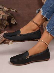 Women's Loafers Solid Color Versatile Metal Buckle Decor Daily Commute Bean Shoes - Black - View 4