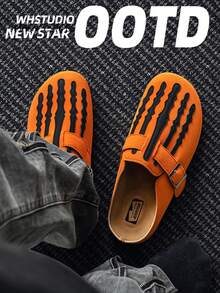 Halloween Skeleton Claw Pattern Men's Sandals, Closed Toe Mule Shoes With Adjustable Buckle, Suede Backless Design, Slip-On Casual Flat Half-Slippers - Orange - View 5