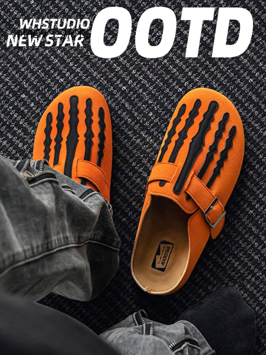 Sandal Selop Pria Motif Cakar Tengkorak Halloween, Gaya Bohemian dengan Gesper yang Dapat Diatur, Sandal Kasual Datar Tanpa Bagian Belakang Bahan Suede - Jeruk - View 1