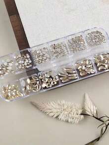 1 Set Approx. 12-Compartment Champagne Gold Irregular Nail Rhinestone Kit, Mixed Size Round Oval Heart Crescent Square Flat-Back Rhinestones With Dotting Tool, Warm Tone Sparkling Decorative Accessories, Versatile Nail Decoration, Press-On Nail DIY Materials, Atmospheric Gentle Luxury Nail Art Accessories, Salon-Style Exquisite Design - Champagne - View 7