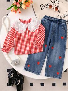 Girls Red Plaid Lace Large Collar Long Sleeve Shirt & Strawberry Embroidered Loose Wide Leg Denim Jeans 2pcs Set, Spring/Autumn - Red - View 2