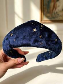 1PC Velvet Starry Sky Wide Edge Headband , Women's Charm Hair Clip, Anti Slip High Headpiece, Festival Essential Hair Accessory - Navy Blue - View 3
