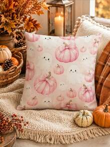 Halloween Cute Pink Pumpkin Table Runner, Throw Pillow, Placemat, Pink Background Bow Pumpkin Smiling Ghost Print Tablecloth, Sweet Girl Style Halloween Autumn Kitchen Dining Room Decor, Rectangular Table Runner - Multicolor - View 7