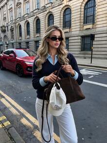 Women's Preppy Navy Cable Knit Pullover Sweater With Light Blue Contrast Collar And Cuffs, Long Sleeve V-Neck Top For Fall Outfits,Fall Outfits - Royal Blue - View 3