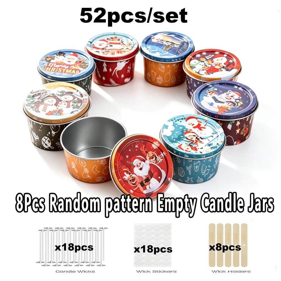 52pcs Christmas Candle Making Kit, 2.2oz Empty Candle Jars With Lids, 8 Random Pattern Metal Candle Jars + 18 Candle Wicks + 18 Wick Stickers + 8 Wick Holders, DIY Candle Making Supplies, Holiday Gift Home Decor - 52pcs/set - View 1