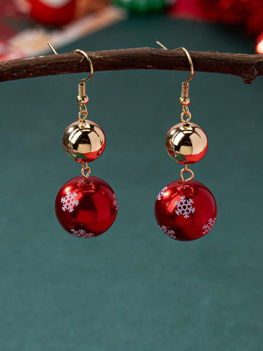 2pcs Christmas Cartoon Oil Drop Snowflake Ball Pendant Earrings Red & Green Color Block Party Girls Earrings - Multicolor - View 1