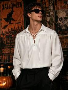 WAIT HIM Men's Vintage Lace-Up Puff Sleeve Shirt, Renaissance Style Loose White Casual Top, Suitable For Cosplay And Daily Wear - White - View 3