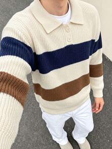 1pc Boys Teenager Striped Colorblock Half-Zip Sweater, Suitable For Commuting And School, Autumn/Winter - Apricot - View 1