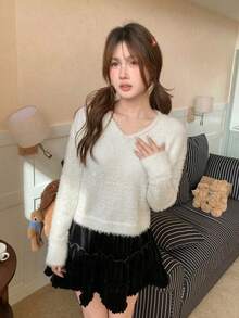 Korean Style V-Neck Plush Short Sweater Women Autumn/Winter Soft Cozy Gentle Pullover Knit Top - White - View 6