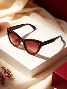 Bvlgari Chic Women Cat Eye Sunglasses Burgundy Frame Gold Details Gradient UV Lens Retro For Beach Travel Party Daily Wear - Brown - View 2