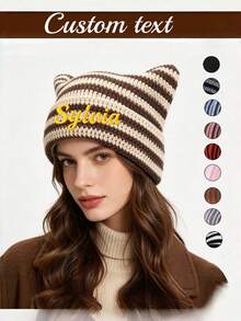 1pc Customized Striped Bucket Hat, Face-Covering Warm Bucket Hat, Cat Ear Ruffle Hat, Outdoor Autumn/Winter Hat, Simple Women's Sun Hat - Black - View 1