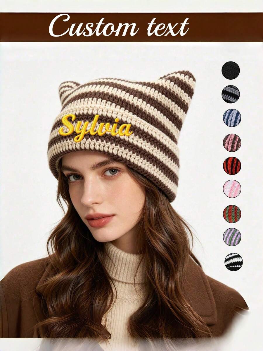 1pc Customized Striped Bucket Hat, Face-Covering Warm Bucket Hat, Cat Ear Ruffle Hat, Outdoor Autumn/Winter Hat, Simple Women's Sun Hat - Black - View 1