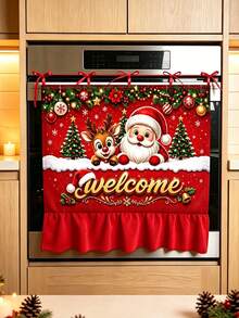 Christmas Oven Door Curtain, Santa Claus And Reindeer Welcome Print, Red Ruffle Trim Hanging Decor, Suitable For Kitchen, Holiday Party, Farmhouse Home Decor - D - View 1