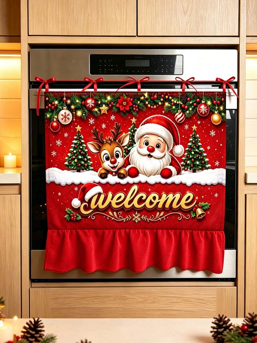 Christmas Oven Door Curtain, Santa Claus And Reindeer Welcome Print, Red Ruffle Trim Hanging Decor, Suitable For Kitchen, Holiday Party, Farmhouse Home Decor - D - View 1