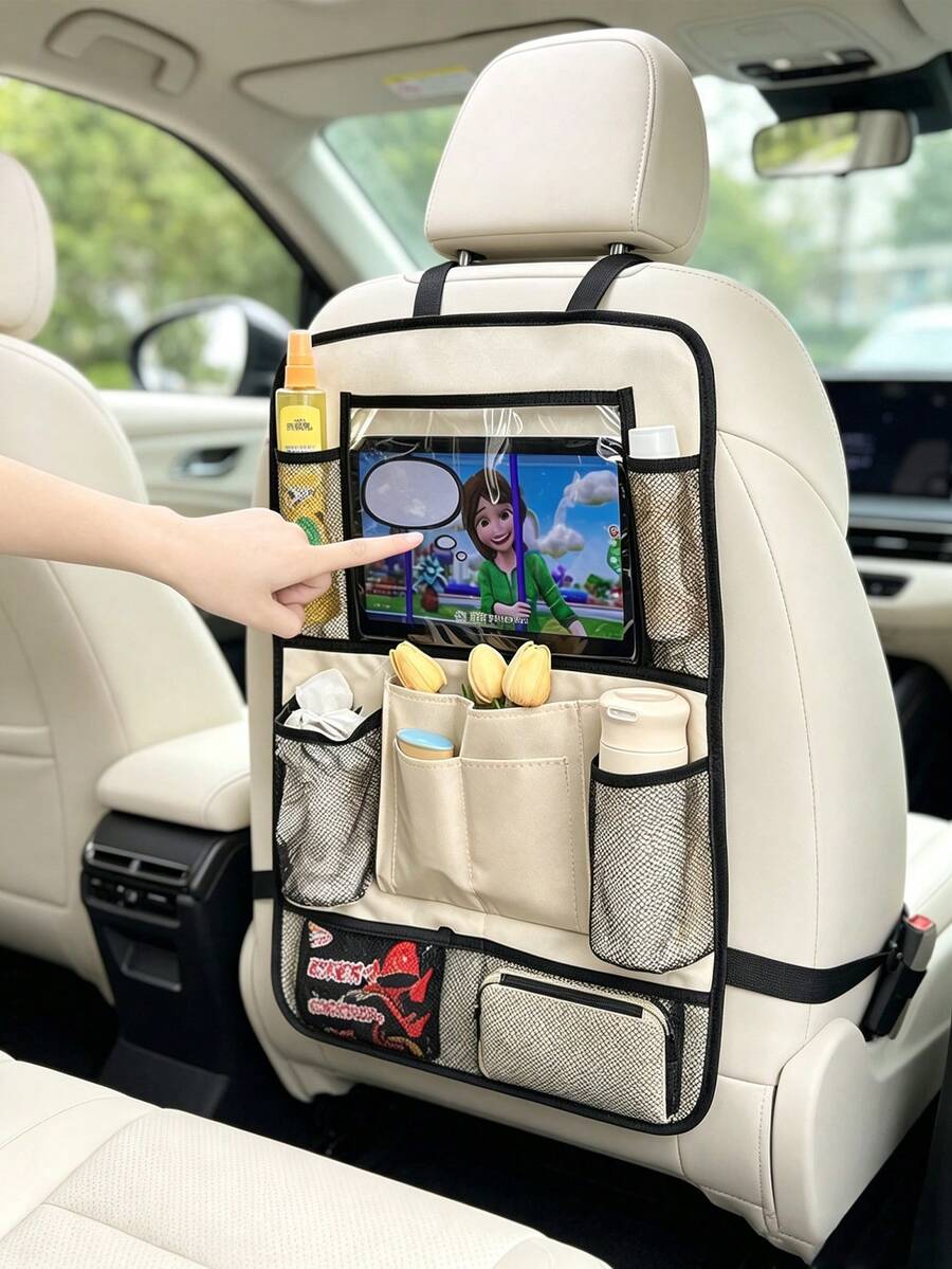 1pc/6pcs Car Seat Back Organizer With Tablet Holder, Multi‑Pocket Backseat Storage Bag, Hanging Pouch For Tablet, Water Bottle, Tissue & Sundries, Universal Car Interior Accessory For Neat Back Seat On Trips & Daily Driving