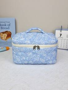 Blue Casual Ditsy Floral Makeup Bag Set, Large Capacity Multi-Layer Handbag, Multi-Functional Double-Layer Storage Bag, Built-In Mesh Pocket Compartment, Smooth And Durable Metal Zipper, Large Capacity Multi-Size Partitioned Toiletry Bag, Can Store Multiple Makeup Tools And Cosmetics, Women's Makeup Bag, First Choice For Travel And Daily Use - Blue and White - View 11
