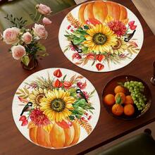 1/4/6pcs Autumn Collection Sunflower Bird Berry Hand-Painted Pattern Placemats, Suitable For Home Kitchen, Made Of Polyester Fiber, Kitchen Table Decoration, And Party Scene Decoration - Multicolor - View 4