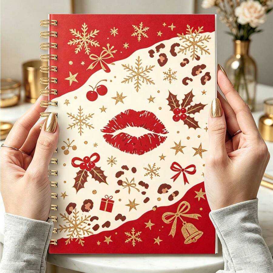 DANPERJI 1pc A5 Spiral Notebook, Xmas‑Themed Art Print Featuring Red Lip Mark, Cherry Decor Pattern Cover, Writing Journal, Glam Christmas Vibe, Home Office Use, Note Keeping, Creative Thought Log Book - CHUN - View 1
