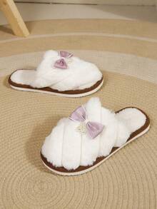 Girl's Pearl Bow Plush Slippers, Slip-On Slide, Soft And Warm Indoor House Shoes For Women, Autumn/Winter - Purple - View 8