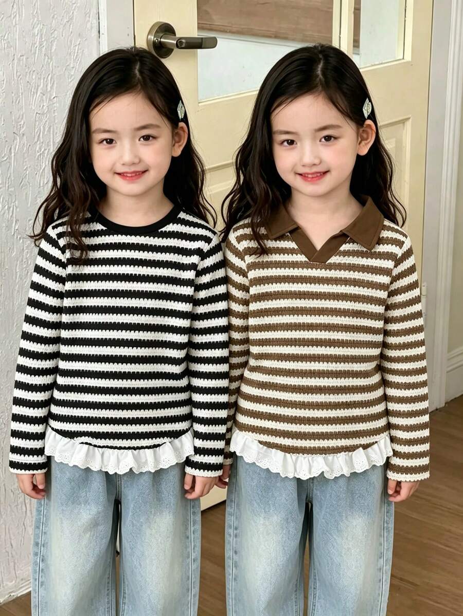 2pcs Autumn/Winter 3-7Y Girls Striped Jacquard Lace Long Sleeve Base Layer, Suitable For Daily Wear, Cute Casual, Student School Outfit Long Sleeve - Brown - View 1