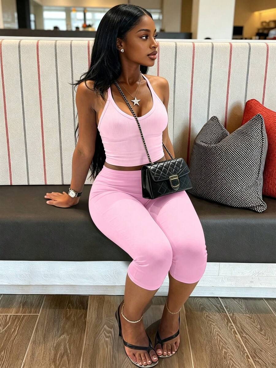 Women's Casual V-Neck Ribbed Knit Tank Top & Fitted Capri Pants Solid Color 2 Pieces Set Summer Outfit Pink Elegant