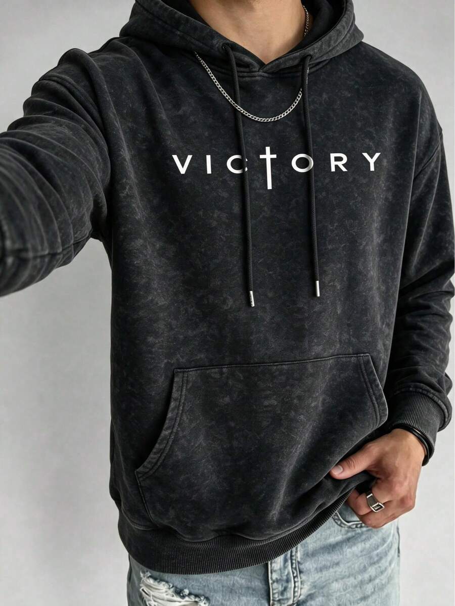 Men's Washed Distressed Hoodie Sweatshirt, Autumn/Winter VICTORY Letter Print Casual Loose Fit Kangaroo Pocket Pullover - Black - View 1