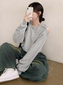 YCYC Spring/Autumn Solid Color Long Sleeve Off-Shoulder Pullover T-Shirt - Grey - View 4