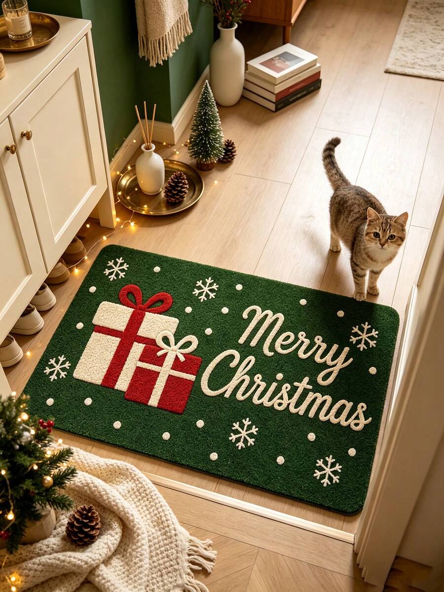 1pc Green Christmas Gift Pattern Doormat, Christmas Gift, Door Mat, Small Rug, Welcome Mat, Carpet, Floor Mat, Outdoor Door Mat, Kitchen Rug, Home Decor, Front Door Mat, Area Rug, Outdoor Mat - Multicolor - View 1