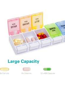 Weekly Pill Box | 2 Times Per Day Easy Open | Travel Pill Case With Button Pop-Open Design | Suitable For Vitamins And Supplements (Double Row With Tray) - Multicolor - View 6