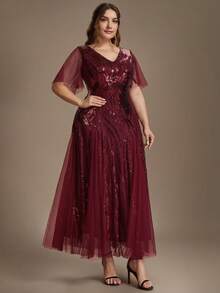 EVERPRETTY Plus Size Elegant Luxury Glamorous Party Heavy Embellished Floral Sequin Mesh Patchwork Burgundy Formal Evening Gown For Evening Party Wedding Guest - Burgundy - View 5