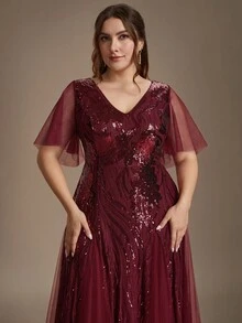 EVERPRETTY Plus Size Elegant Luxury Glamorous Party Heavy Embellished Floral Sequin Mesh Patchwork Burgundy Formal Evening Gown For Evening Party Wedding Guest - Burgundy - View 2