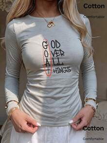 Autumn Women's Slim Fit Long Sleeve T-Shirt With Black Letter Graphic 'GOD OVER ALL THINGS' And Red Oval Accents, Crew Neck Pullover Top - Grey - View 3
