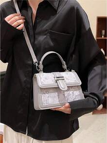Classic All-Over Pattern Women's Small Square Handbag - Grey - View 4