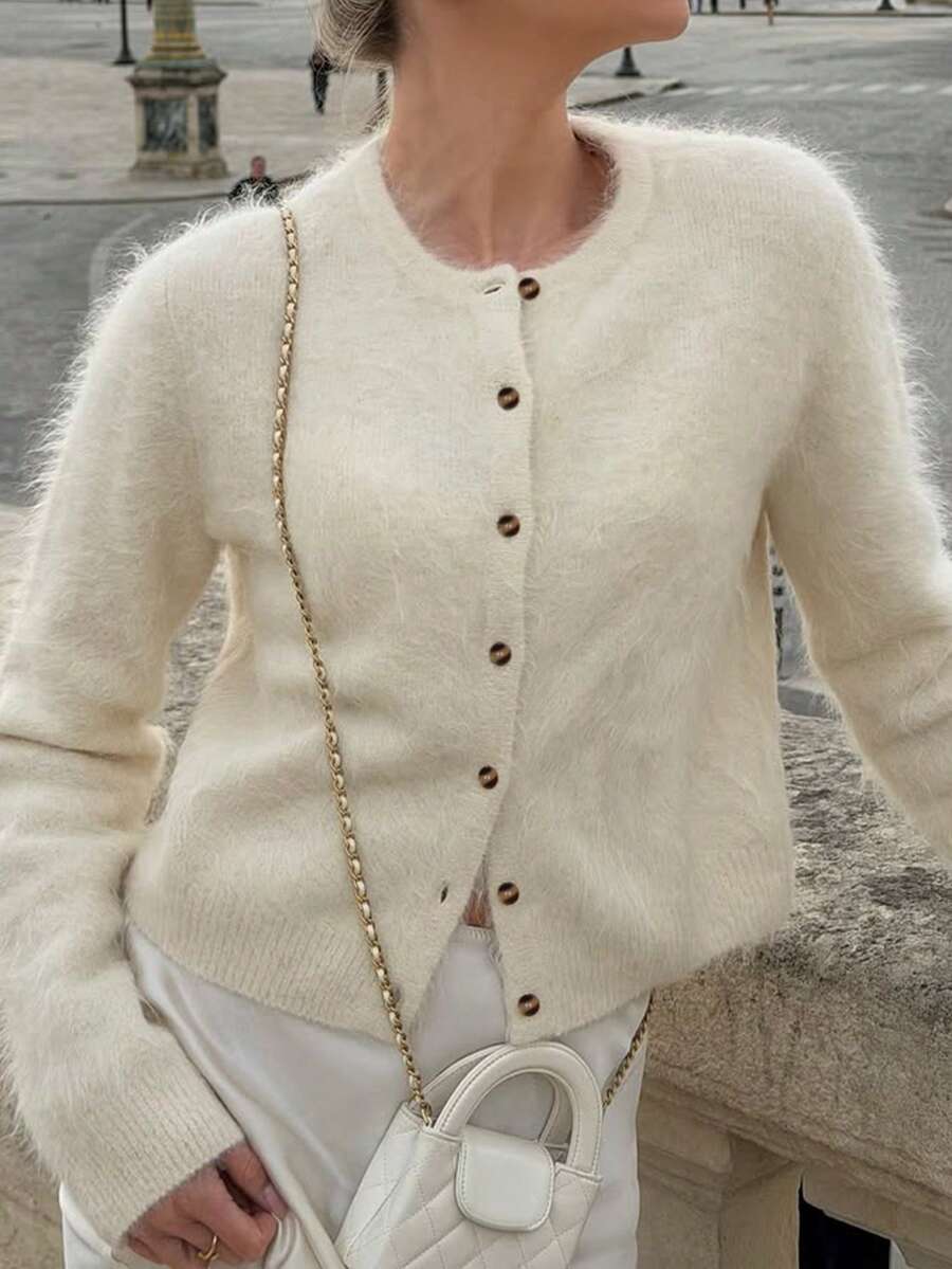 Live To Mo Women's White Crew Neck Cropped Knit Cardigan, Elegant Casual Long‑Sleeve Sweater Coat For Fall Winter Back To School & Business Daily Wear - Off White - View 1