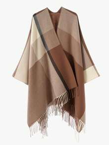 1pc Multicolor Optional Men's Autumn/Winter Vintage Plaid British Style Large Check Tassel Cardigan Cape Shawl, Loose Warm Thickened Cardigan Shawl - Multicolor - View 4