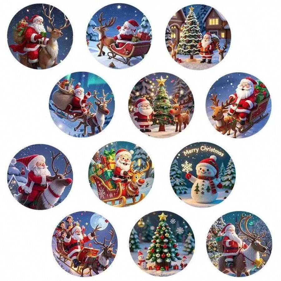 12pcs/Set Round Glass Santa Claus, Reindeer, Snowman Fridge Magnets, Fridge Magnets, Home Kitchen Decor Creative Fridge Magnets, Magnetic Fridge Magnets, Photo Information Stickers, Christmas Decoration - Style a - View 1