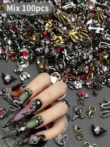 Mix 100pcs Halloween Nail Art Charms Set - 3D Alloy Skeleton, Spider, Rabbit & Cross Designs With Rhinestones For Diy Manicure Decorations - Multicolor - View 6