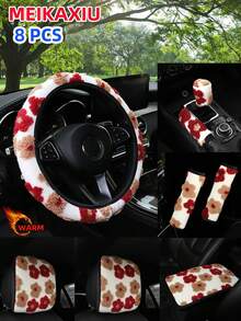 MEIKAXIU 3PCS-S,3PCS-H,4/6/8/10PCS Winter Plush Flower Car Accessories Multi-Piece Set, Car Steering Wheel Cover Without Inner Ring, Handbrake Cover, Gear Shift Cover, Shoulder Protector, Armrest Pad, Headrest Pad And Other Car Decoration Items For Women - Jacquard Plush Flowers - View 19