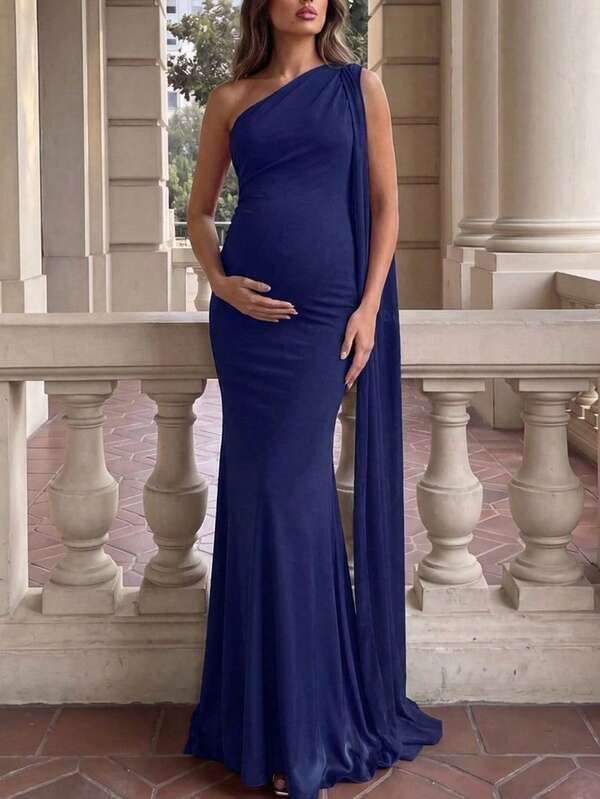 Maternity Dress Asymmetrical Neck Asymmetric Neckline Sleeveless Elastic Knit Fabric Fitted Mermaid Long Dress, Elegant Formal Fitted Flare Hem Fall