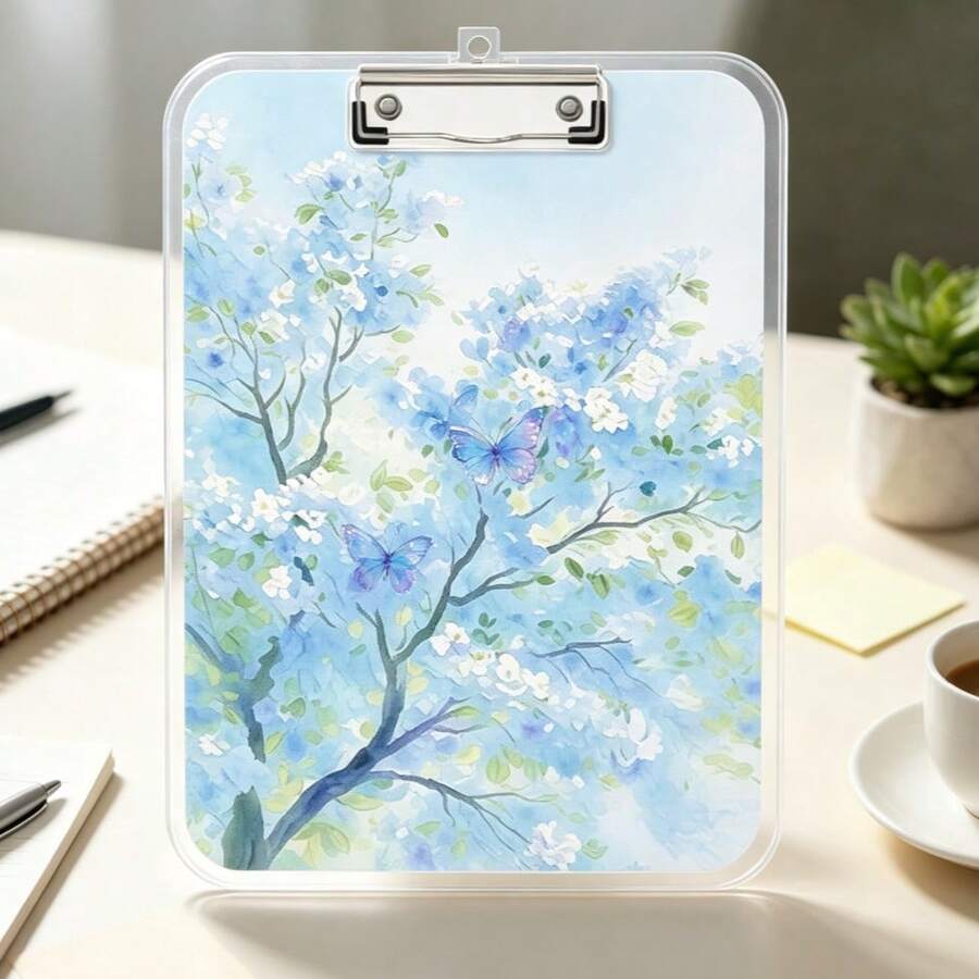 Blue Butterfly Floral Clipboard A4 Paper Folder With Metal Clip Cute Watercolor Flower Folder School Office Desk Storage Stationery Gift - Multicolor - View 1
