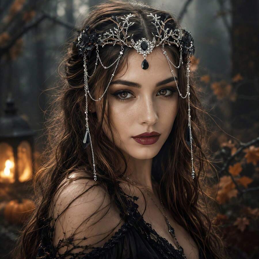 MESHUOKAI Dark Elf Crown Headband With Pointed Elf Ears Set, Silver Vine Fantasy Headpiece With Black Gemstone Pendant, Halloween Cosplay Fairy Costume Accessory - Multicolor - View 1