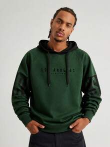 Men's Spring/Autumn Thin Colorblock Letter Print Drawstring Hooded Sweatshirt, Slim Fit Casual Sports Top - Dark Green - View 1