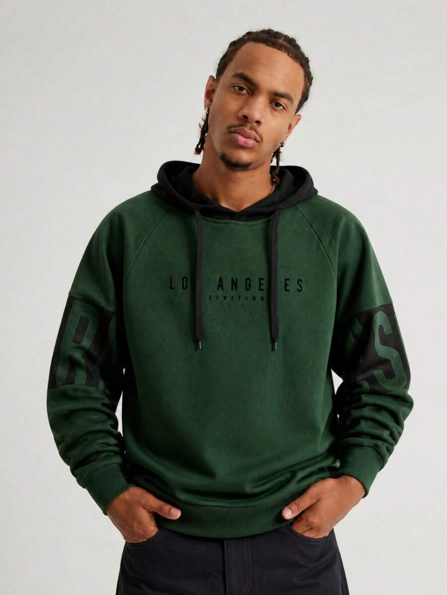 Men's Spring/Autumn Thin Colorblock Letter Print Drawstring Hooded Sweatshirt, Slim Fit Casual Sports Top - Dark Green - View 1