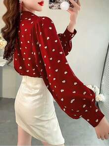 Spring/Summer Fashion Women's Red Heart Random Print Pattern Lapel Long Sleeve Pearl Decor Button Shirt, Suitable For Daily Wear - Red - View 2