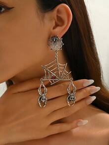 1 Pair Exaggerated Vintage Fashion Creative Halloween Dark Long Spider Web Earrings Suitable For Women's Daily Wear - Antique Silver - View 4