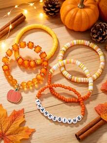 5pcs/Set Thanksgiving Letter Pumpkin Pendant Elastic Beaded Layered Bracelet Set, Autumn Bracelets, Thanksgiving Gift For Girls - Multicolor - View 2