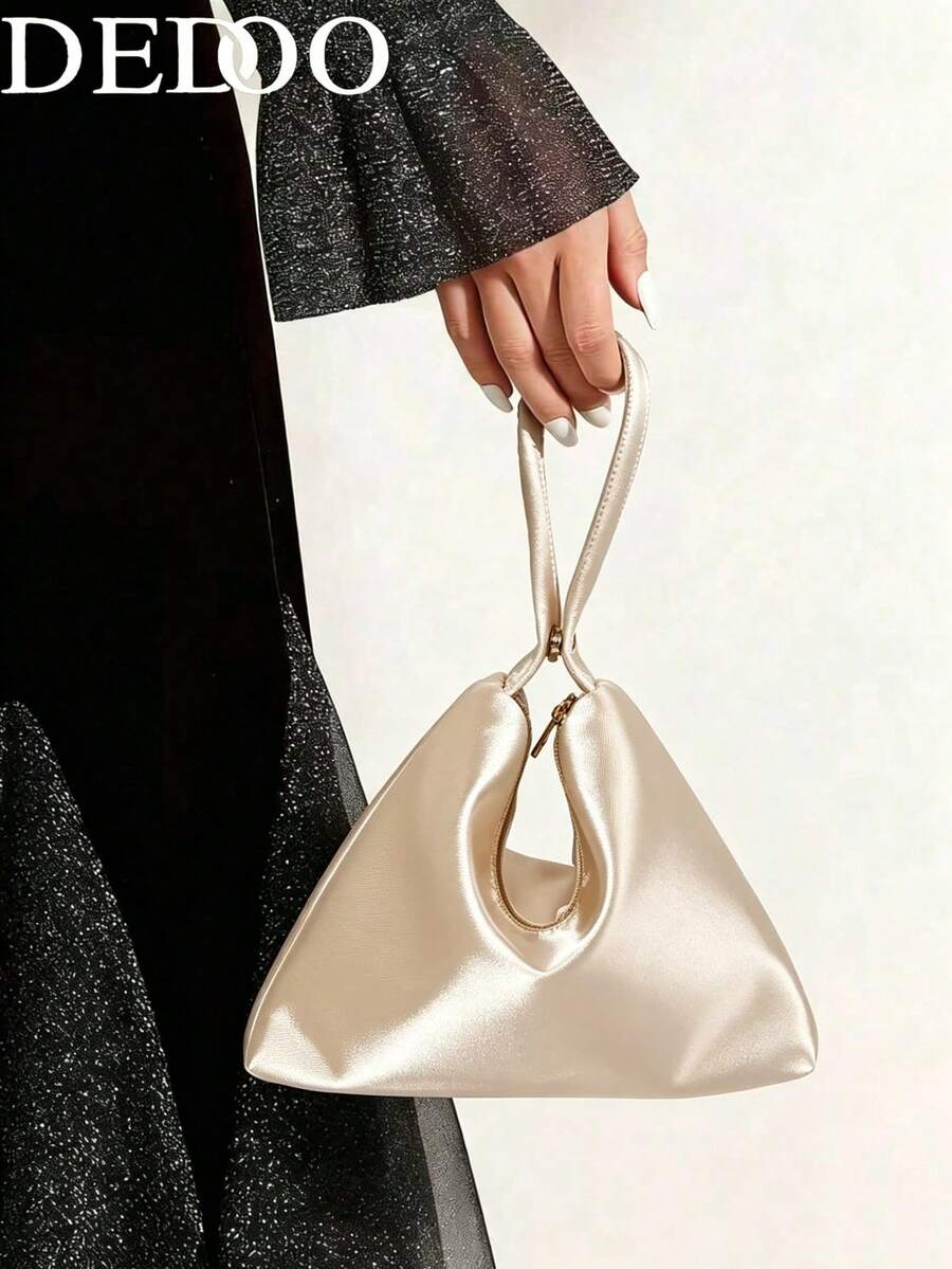 Dedoo 女款三角緞面晚宴手拿包，緞面布料，拉鍊開合，極簡優雅風格，婚禮派對宴會手提包
